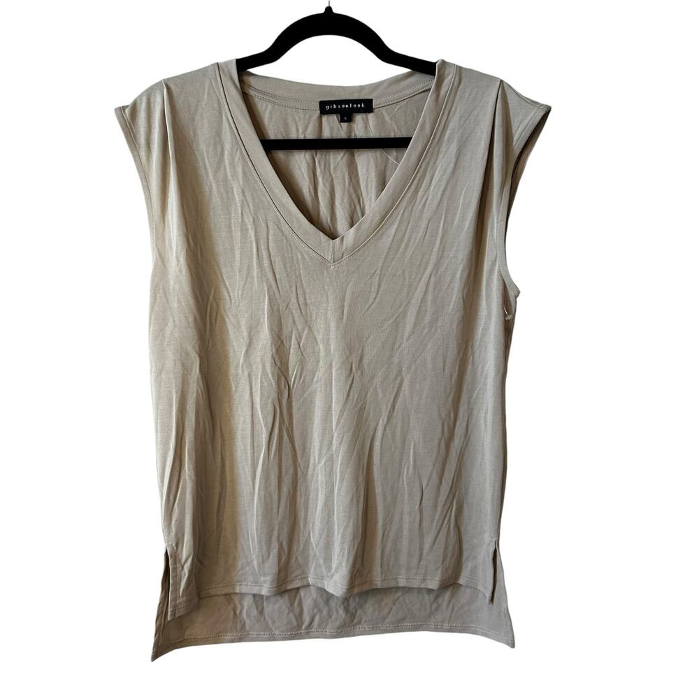 Gibsonlook New Womens Modal Blend V Neck Cap Sleeve Top Tan Small Casual Neutral